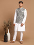 Vastramay Men's Mehdi Green And White Printed Cotton Blend Nehru Jacket